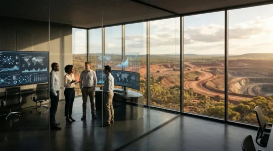 Business professional examining data on critical mineral supply chains in modern mining operations center