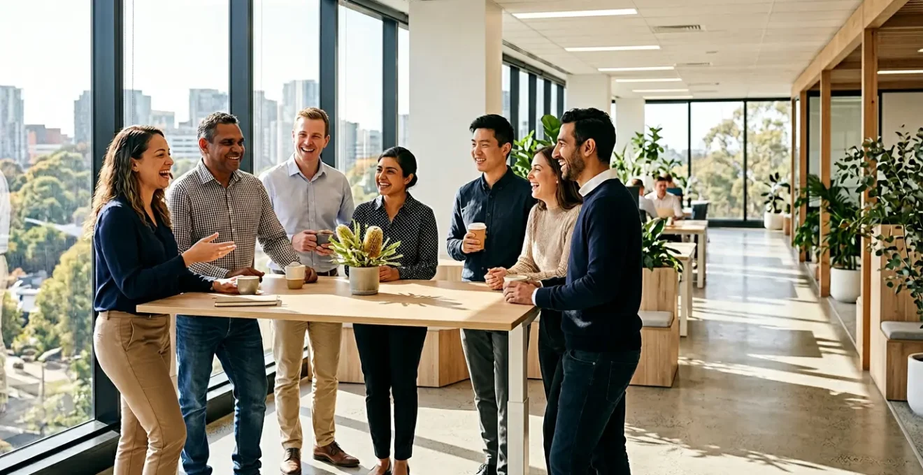 Diverse professionals collaborating in a modern Australian office with natural light and relaxed atmosphere