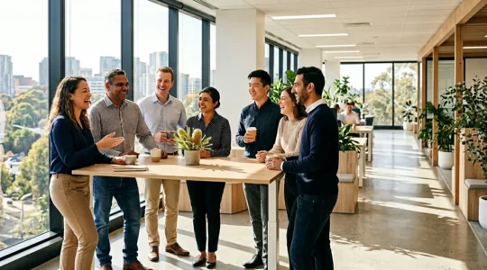 Diverse professionals collaborating in a modern Australian office with natural light and relaxed atmosphere