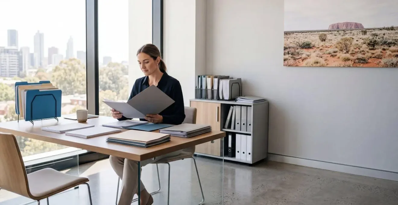 Professional office environment showing person organizing documents and working with digital immigration system interface