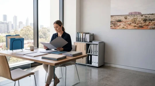 Professional office environment showing person organizing documents and working with digital immigration system interface
