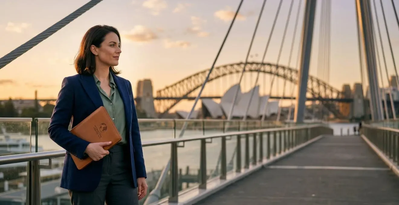 Professional standing at bridge between international qualifications and Australian workplace