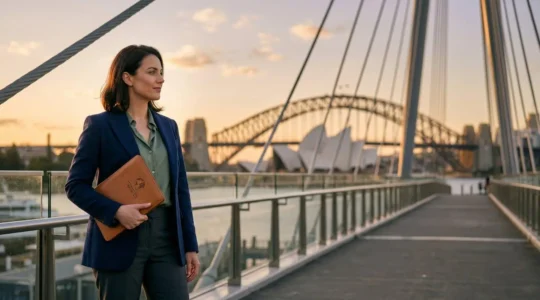 Professional standing at bridge between international qualifications and Australian workplace