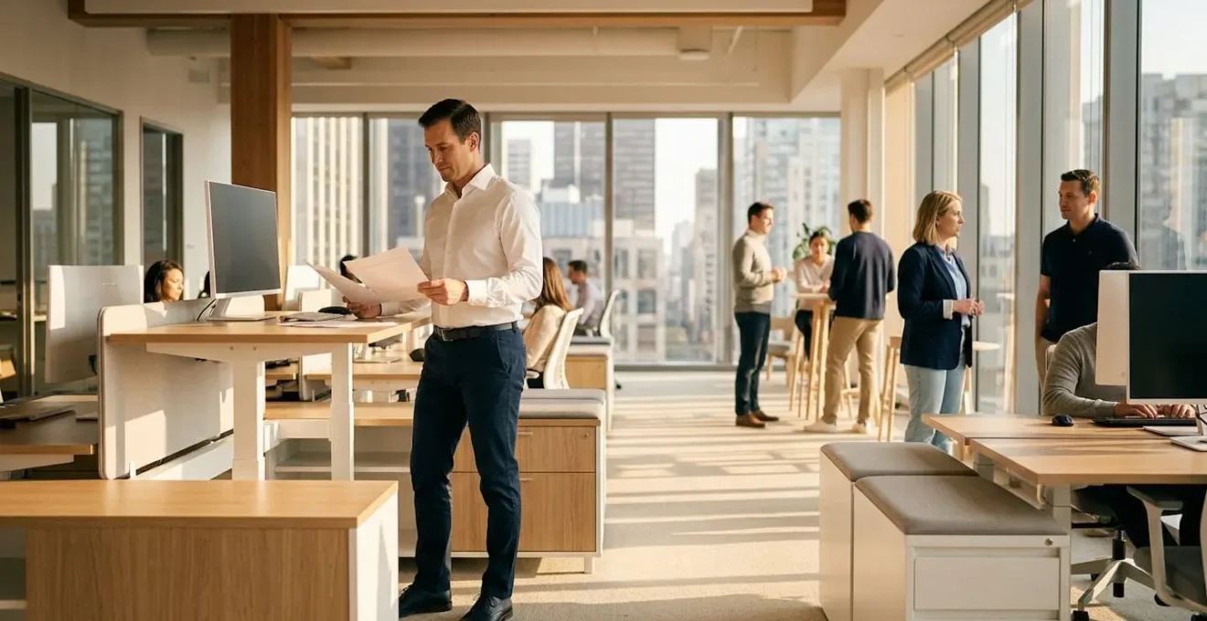 Modern office setting showcasing professional authority despite casual dress codes