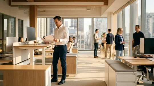 Modern office setting showcasing professional authority despite casual dress codes