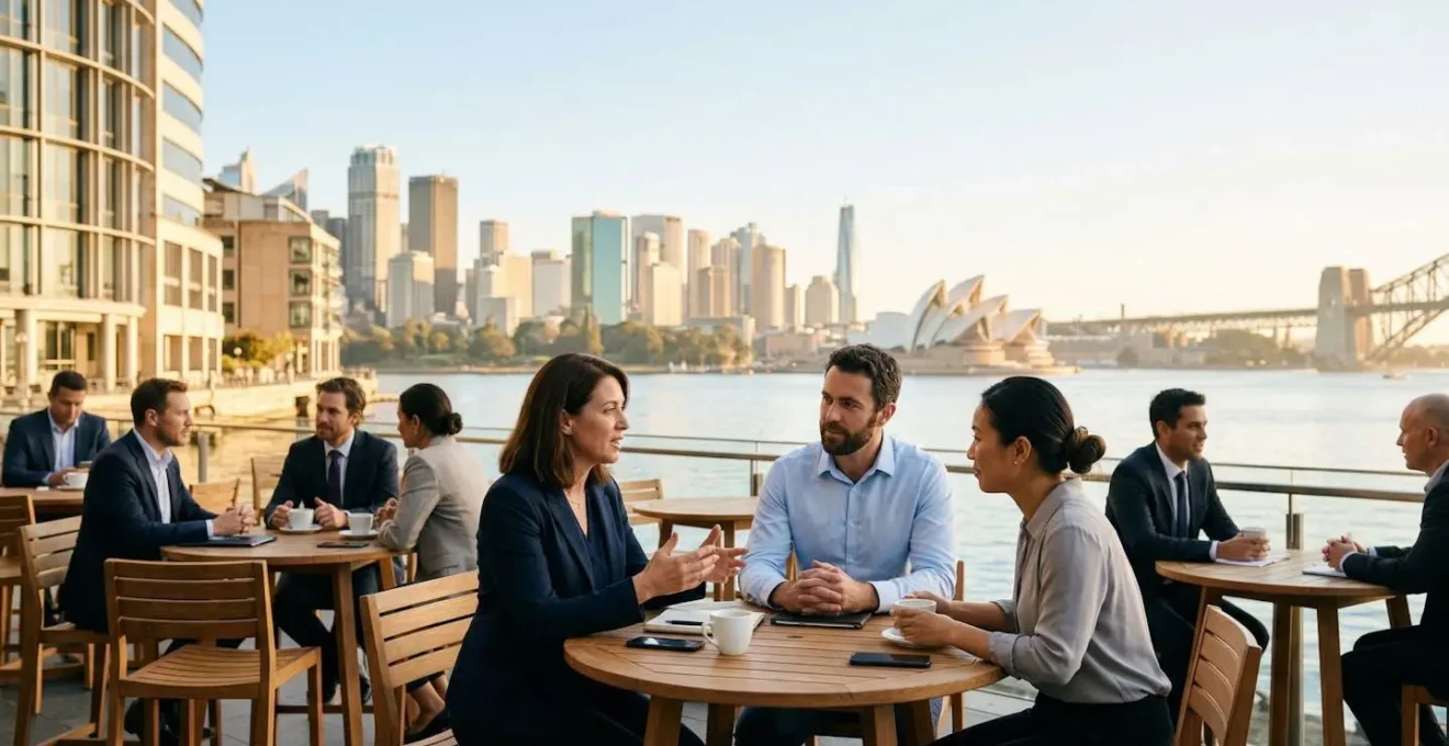 Business professionals networking at outdoor cafe with Sydney skyline view