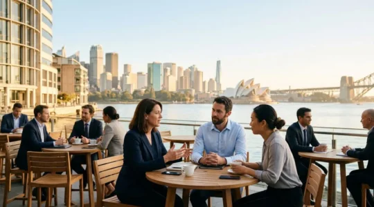 Business professionals networking at outdoor cafe with Sydney skyline view