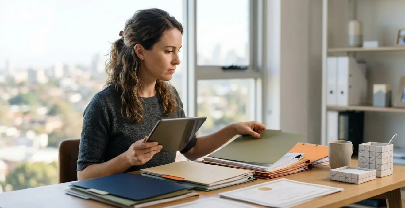 Professional preparing skills assessment documents in modern home office setting