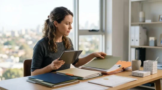 Professional preparing skills assessment documents in modern home office setting