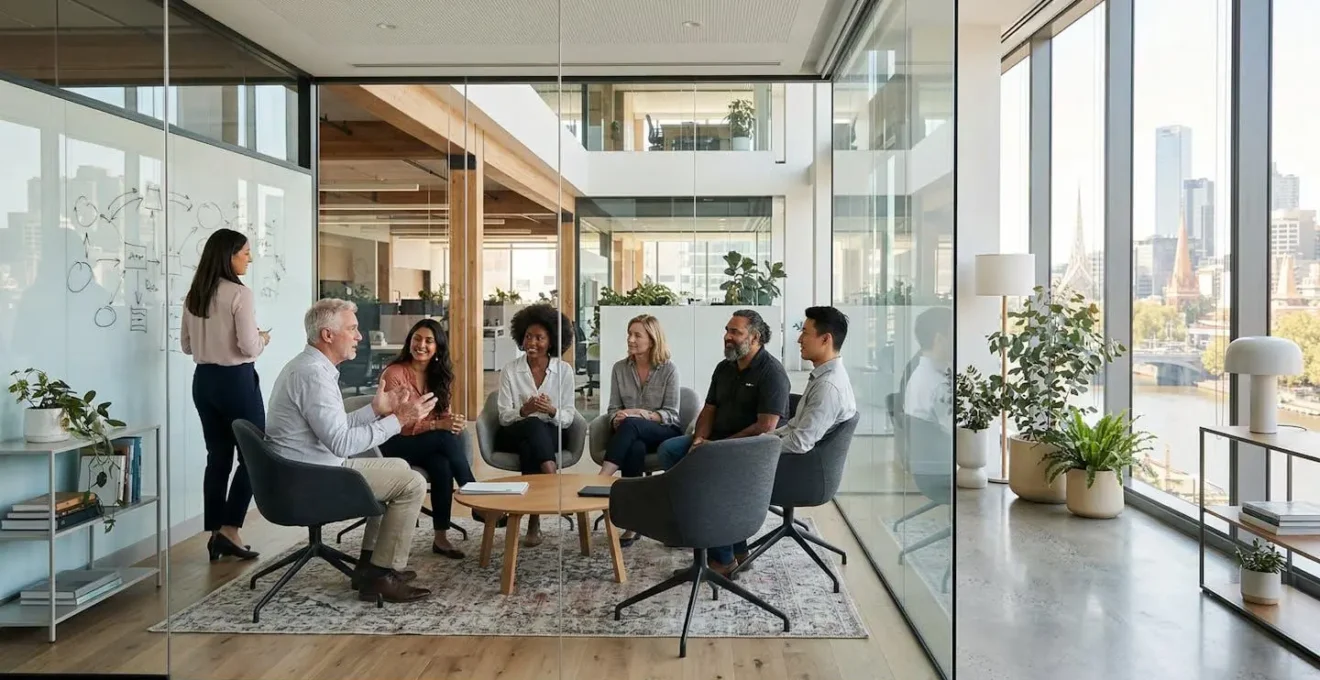Australian business professionals engaged in open team discussion with Melbourne skyline in background