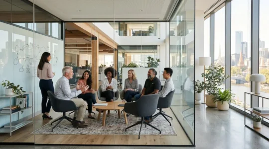 Australian business professionals engaged in open team discussion with Melbourne skyline in background