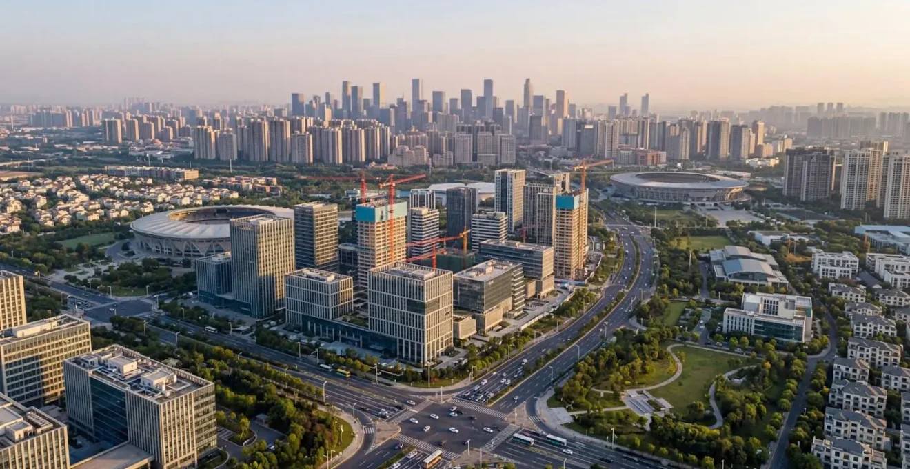 Contrasting cityscapes showing a vibrant regional center with modern construction and business activity alongside a congested major capital skyline