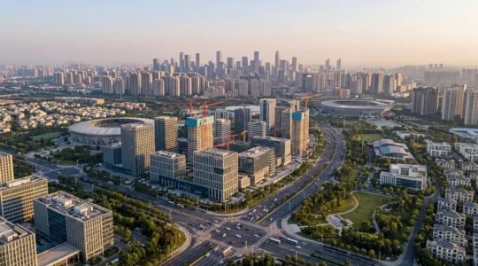 Contrasting cityscapes showing a vibrant regional center with modern construction and business activity alongside a congested major capital skyline