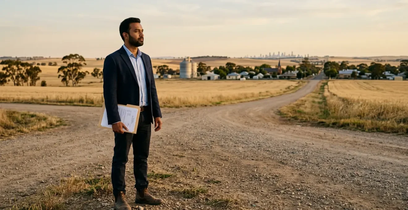 Professional standing at rural Australian crossroads holding documents, overlooking regional landscape with distant city skyline