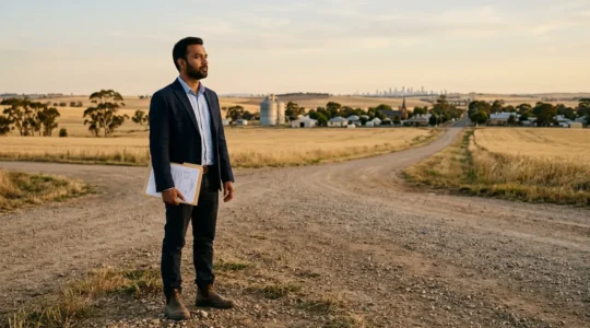 Professional standing at rural Australian crossroads holding documents, overlooking regional landscape with distant city skyline