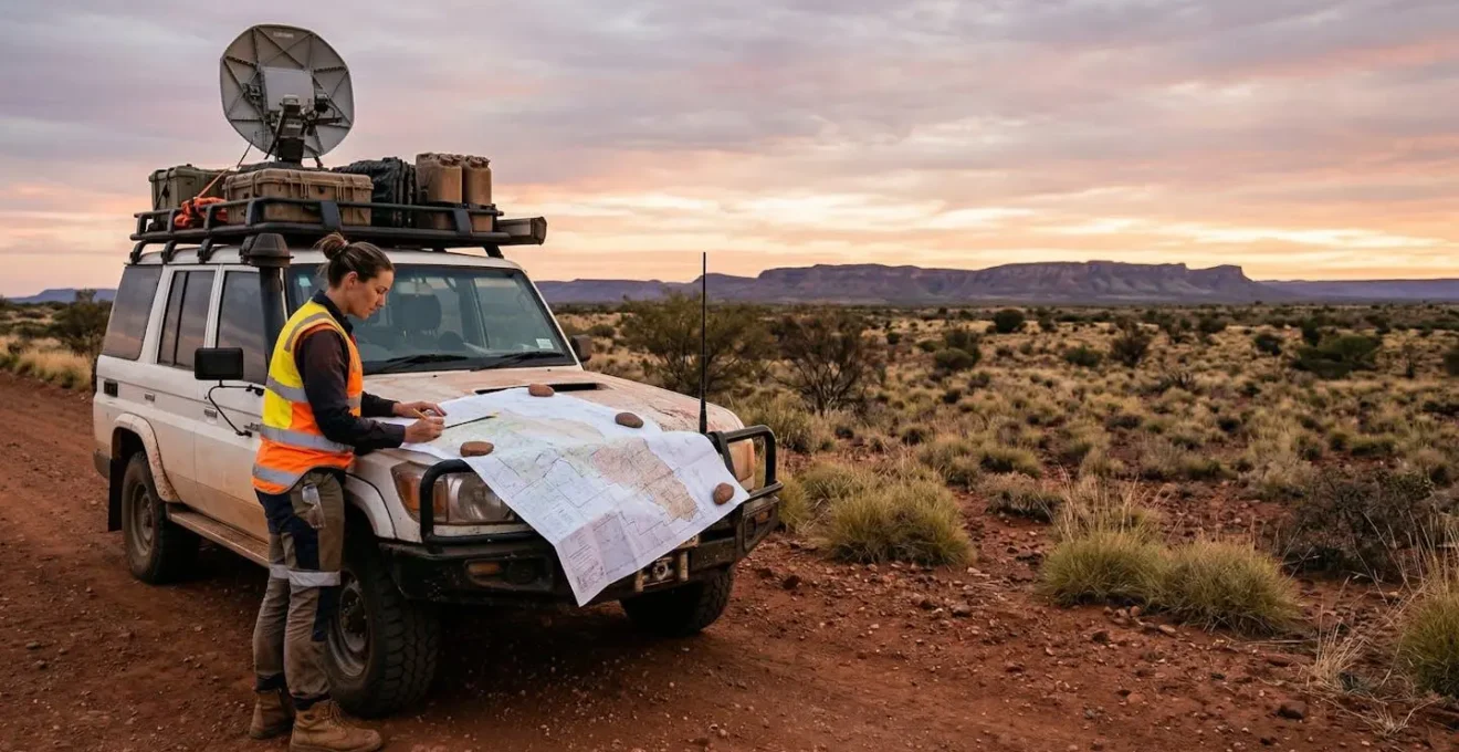 Business traveler reviewing maps and equipment at dawn in Australian outback with 4WD vehicle packed for remote journey