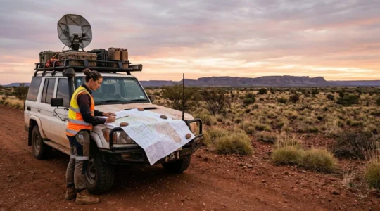 Business traveler reviewing maps and equipment at dawn in Australian outback with 4WD vehicle packed for remote journey