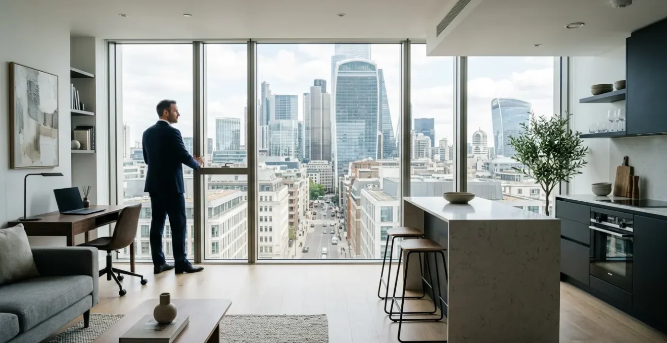 Business professional standing in modern apartment living space with laptop bag, comparing two accommodation options through large window