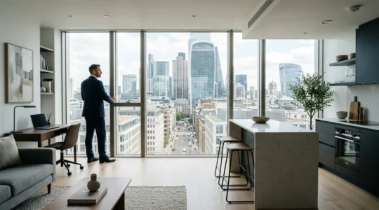 Business professional standing in modern apartment living space with laptop bag, comparing two accommodation options through large window