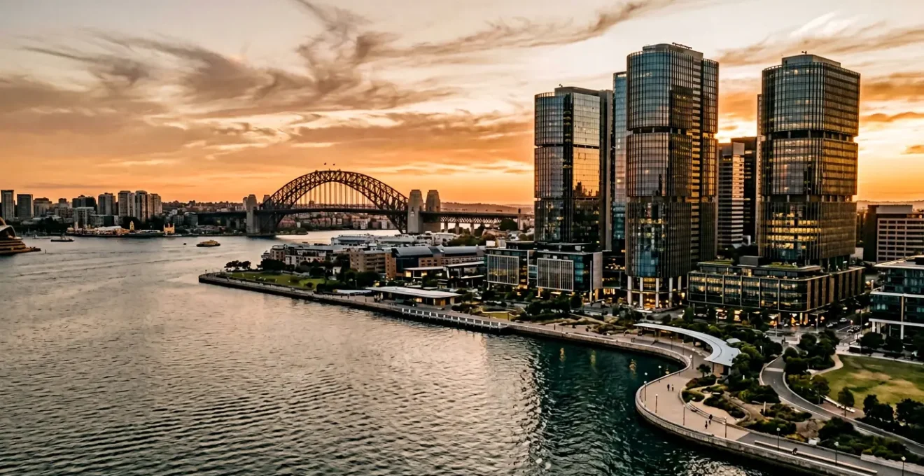 Sydney financial district overlooking harbor with modern office towers representing Asia-Pacific business connections