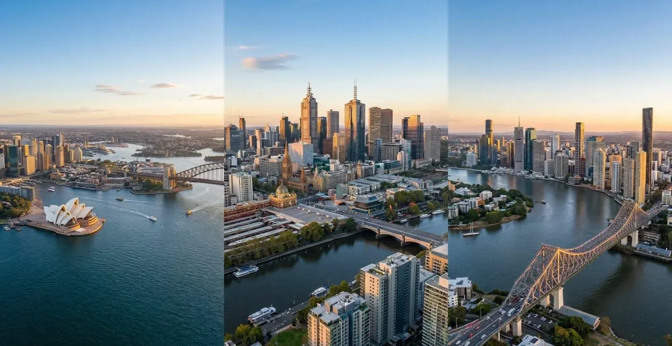 Aerial view comparing business districts of Sydney, Melbourne, and Brisbane