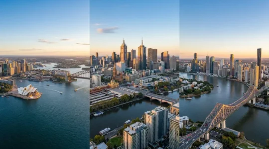 Aerial view comparing business districts of Sydney, Melbourne, and Brisbane