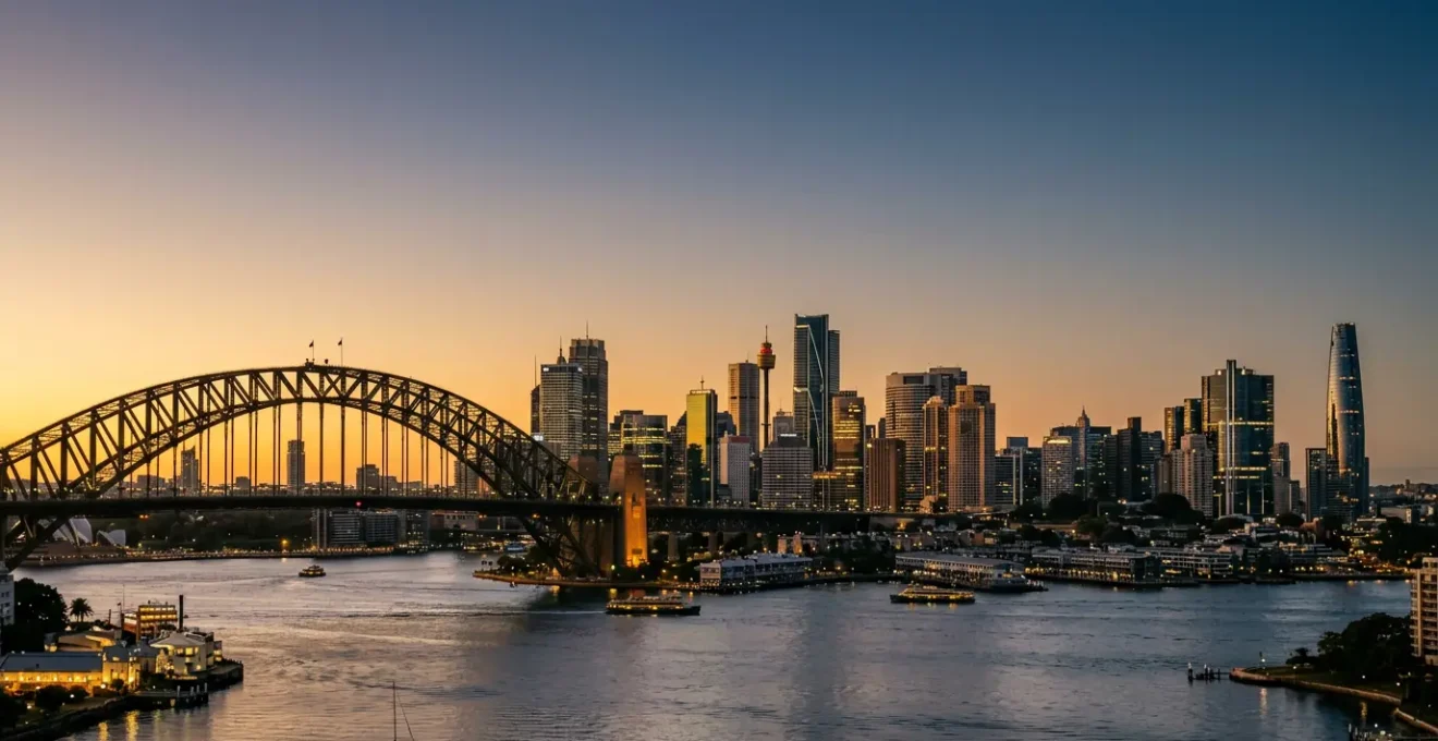 Sydney's iconic harbour skyline showcasing modern office towers framed by the Harbour Bridge at golden hour