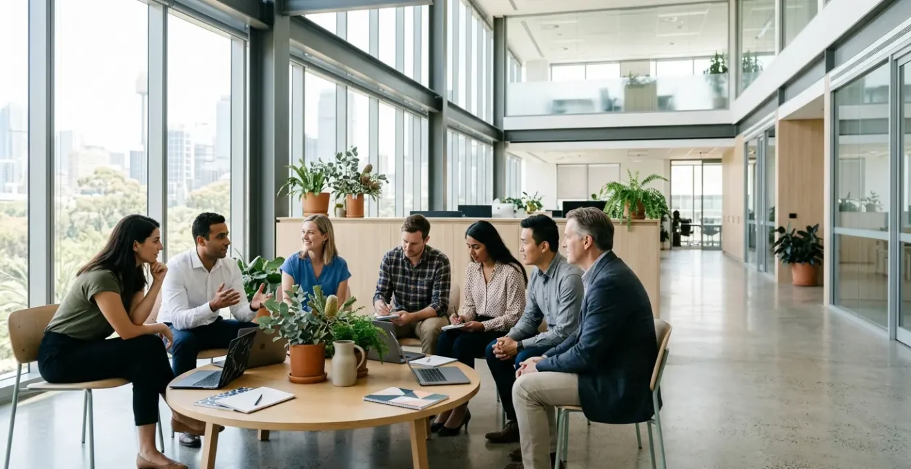 Business team collaborating in modern Australian office without traditional hierarchy