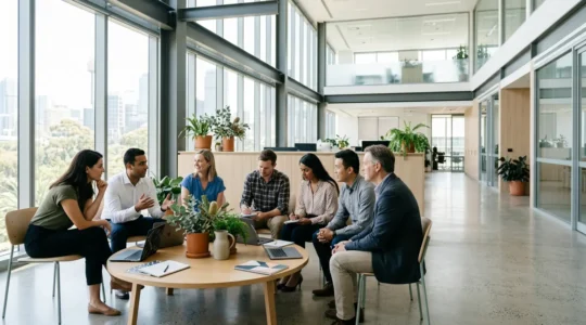 Business team collaborating in modern Australian office without traditional hierarchy