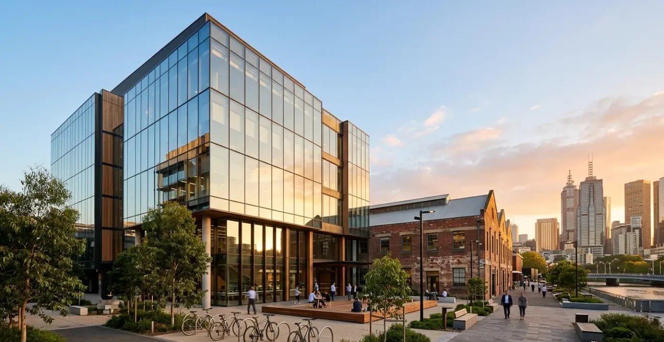 Modern tech headquarters in Australian urban precinct with skyline views