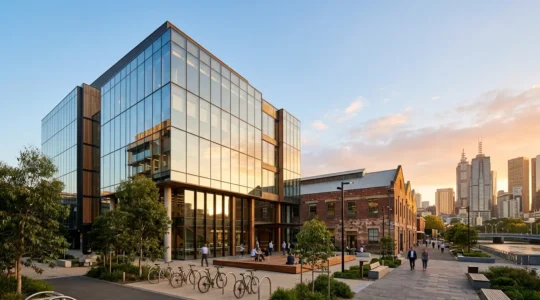 Modern tech headquarters in Australian urban precinct with skyline views