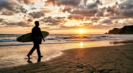 Business professional carrying surfboard walking towards ocean at sunset with laptop bag balanced on shoulder