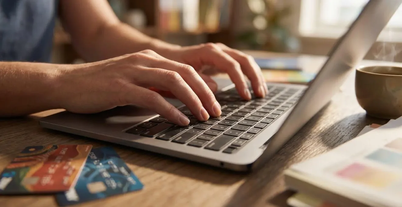 Professional setting up Australian bank account on laptop with financial documents nearby