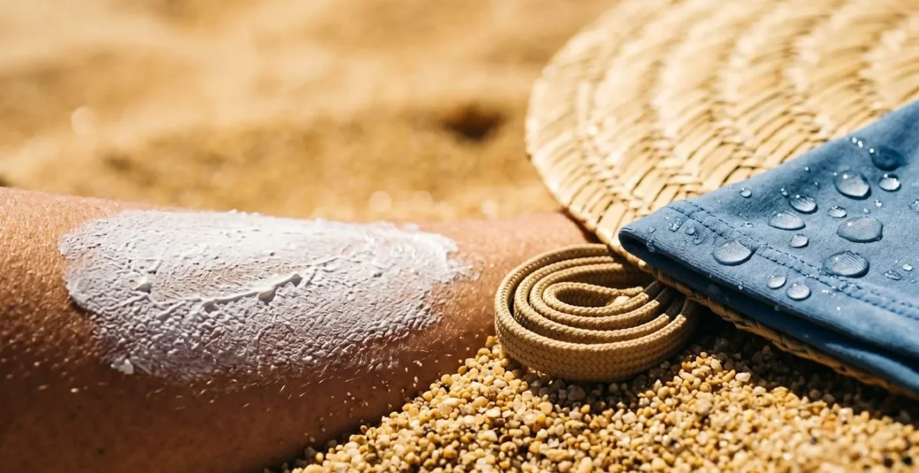 Beach essentials arranged on sand including zinc sunscreen tube, wide-brim hat, and rash vest under harsh midday sun
