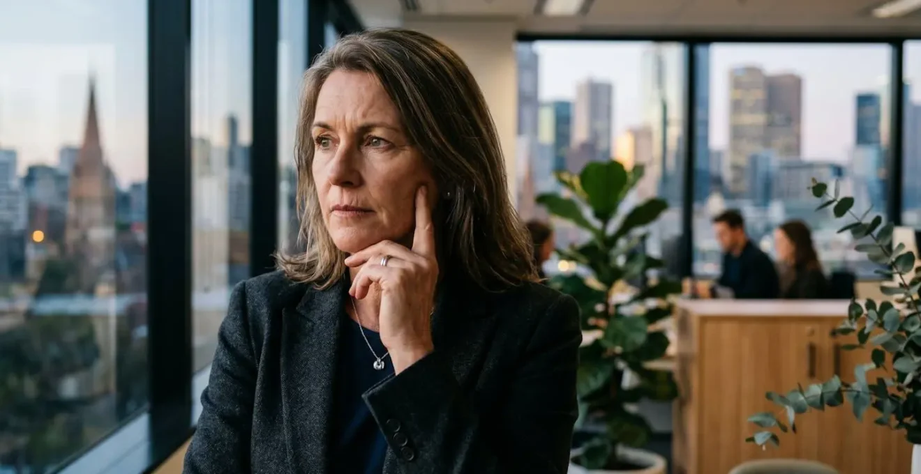 Business professional contemplating a decision with an Australian cityscape background, representing intuition in the workplace.