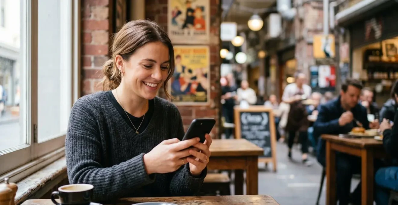 Young Australian professional using banking app on smartphone in Melbourne cafe