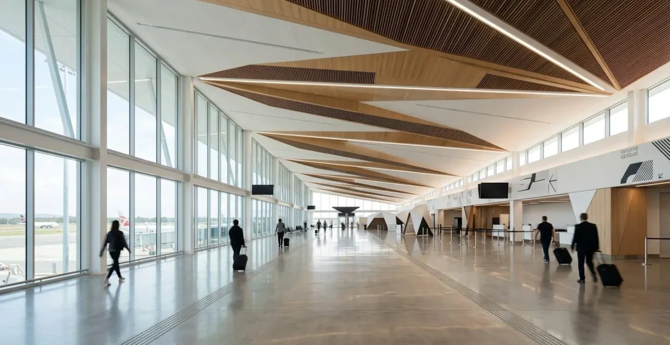 Wide angle view of modern Australian airport arrival hall with travelers and minimalist architecture