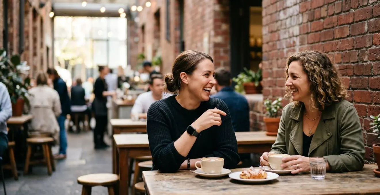 Two professionals having an animated and informal coffee meeting in a modern Australian cafe, demonstrating networking in action.