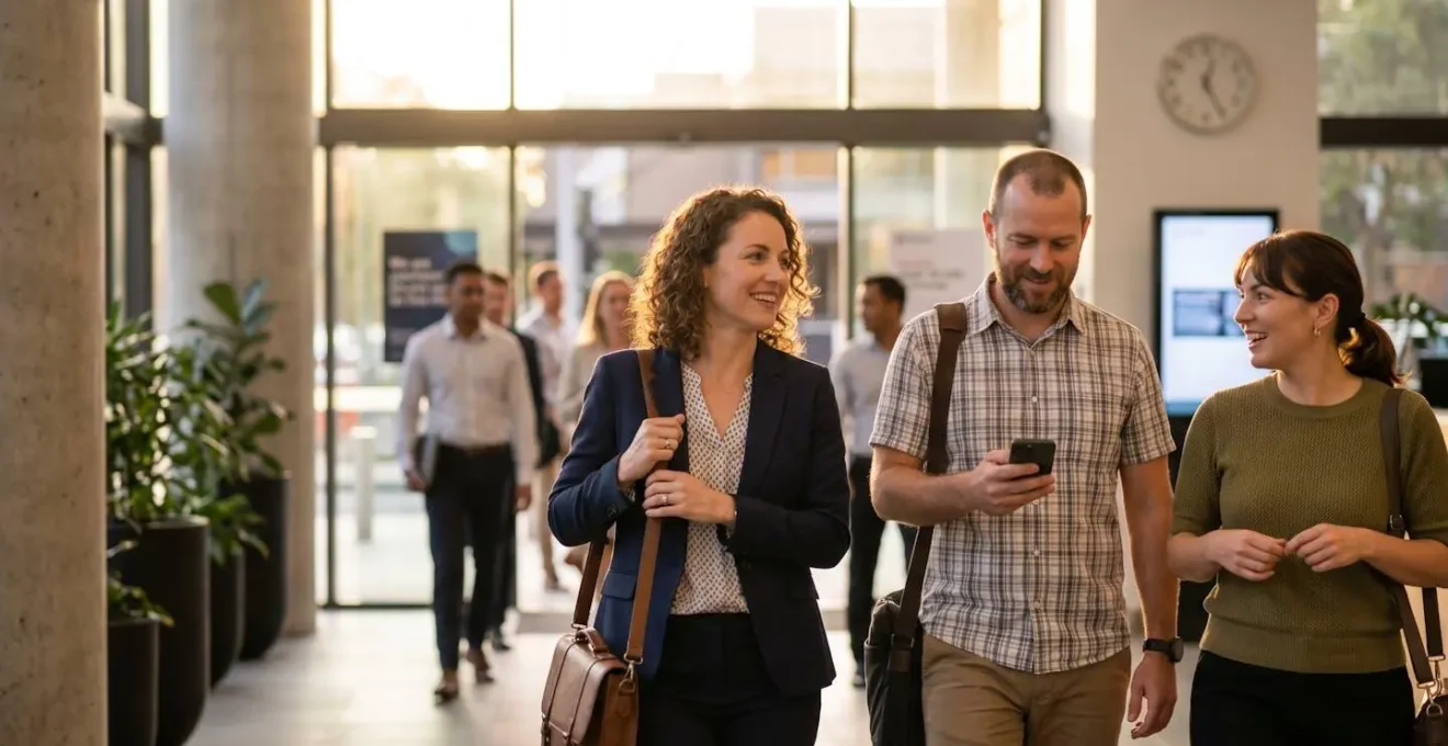 Australian office workers leaving promptly at 5 PM, depicting healthy work-life balance culture