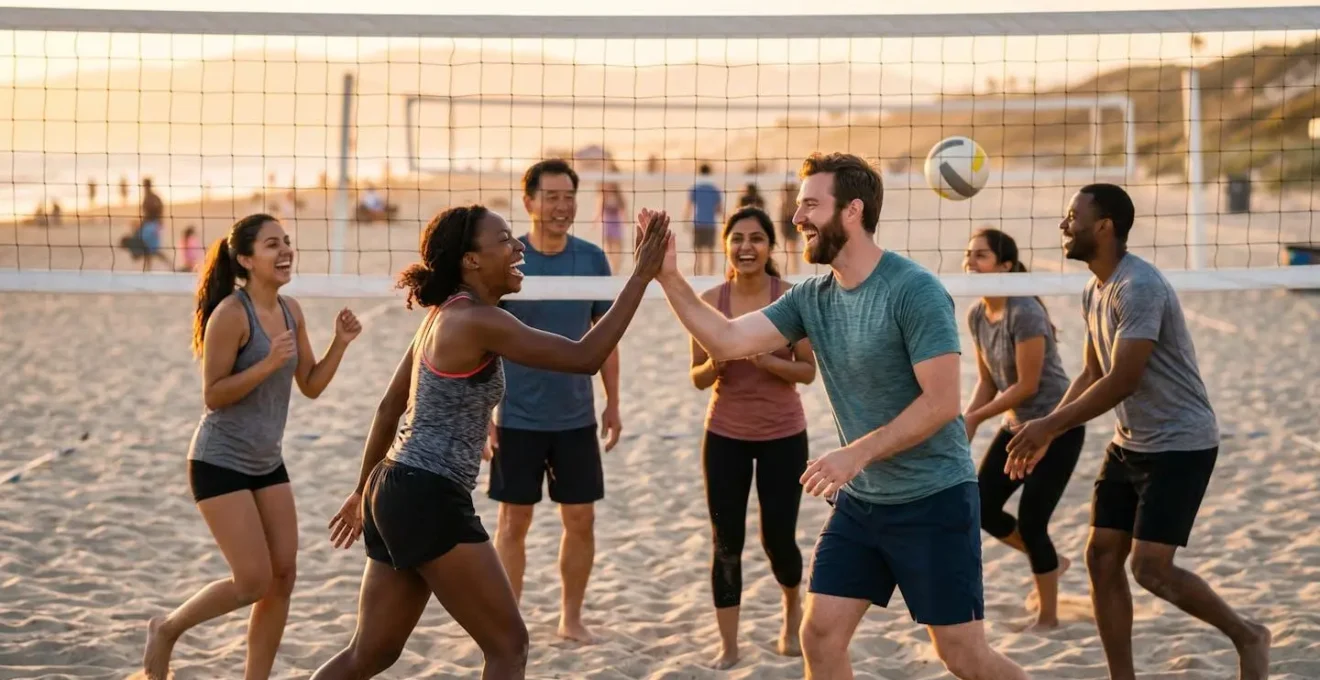 Diverse group of professionals playing beach volleyball at golden hour without uniforms