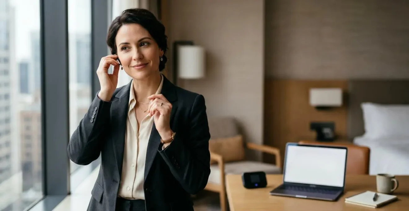 Professional in modern office setting demonstrating confident posture during video call setup