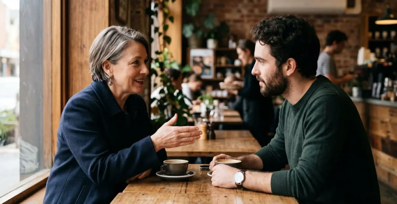 Close-up of two professionals in constructive dialogue with Australian vernacular visual cues