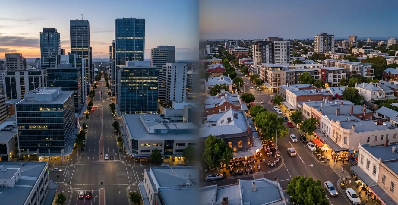 Split-screen aerial view showing CBD business district versus vibrant city fringe neighborhood