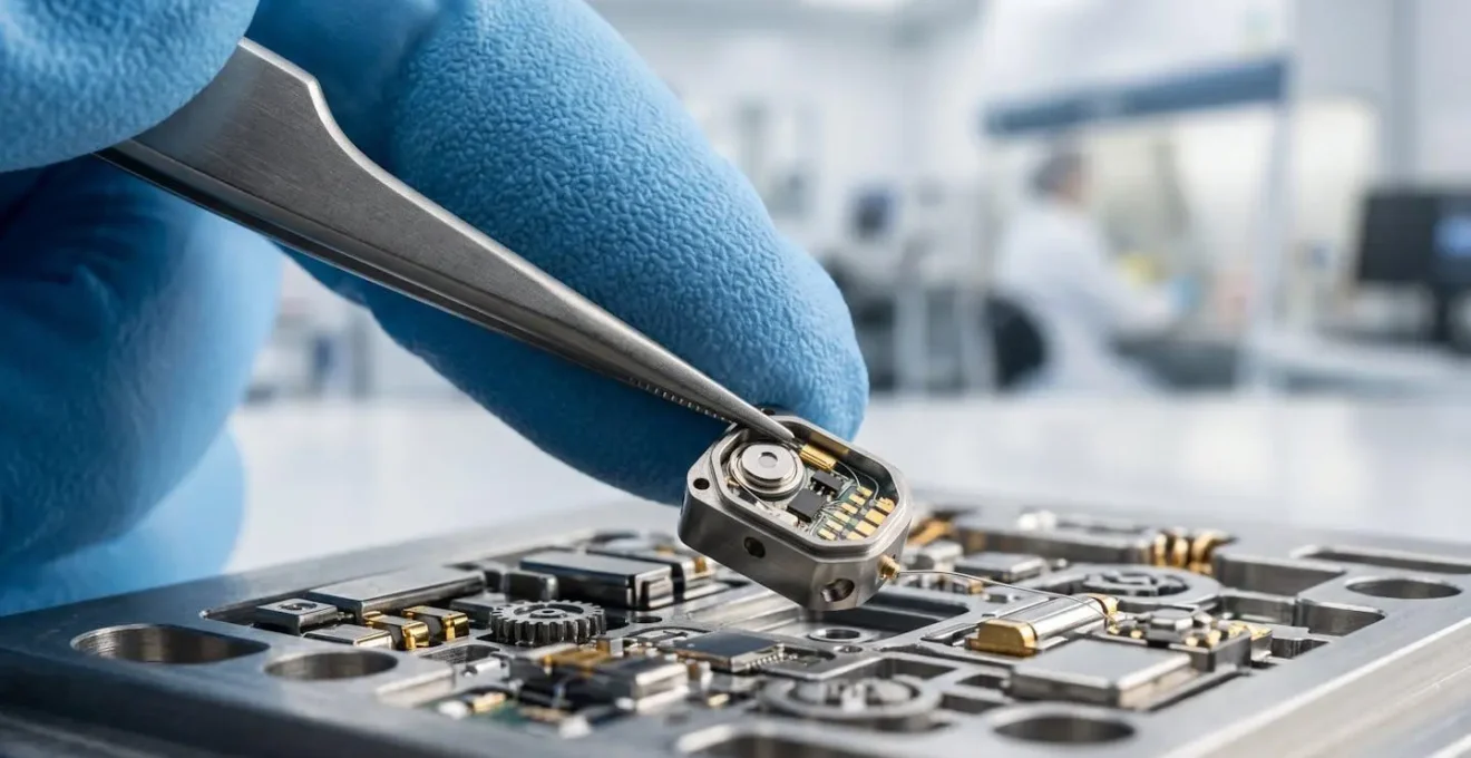 Close-up macro shot of precision medical device components being assembled