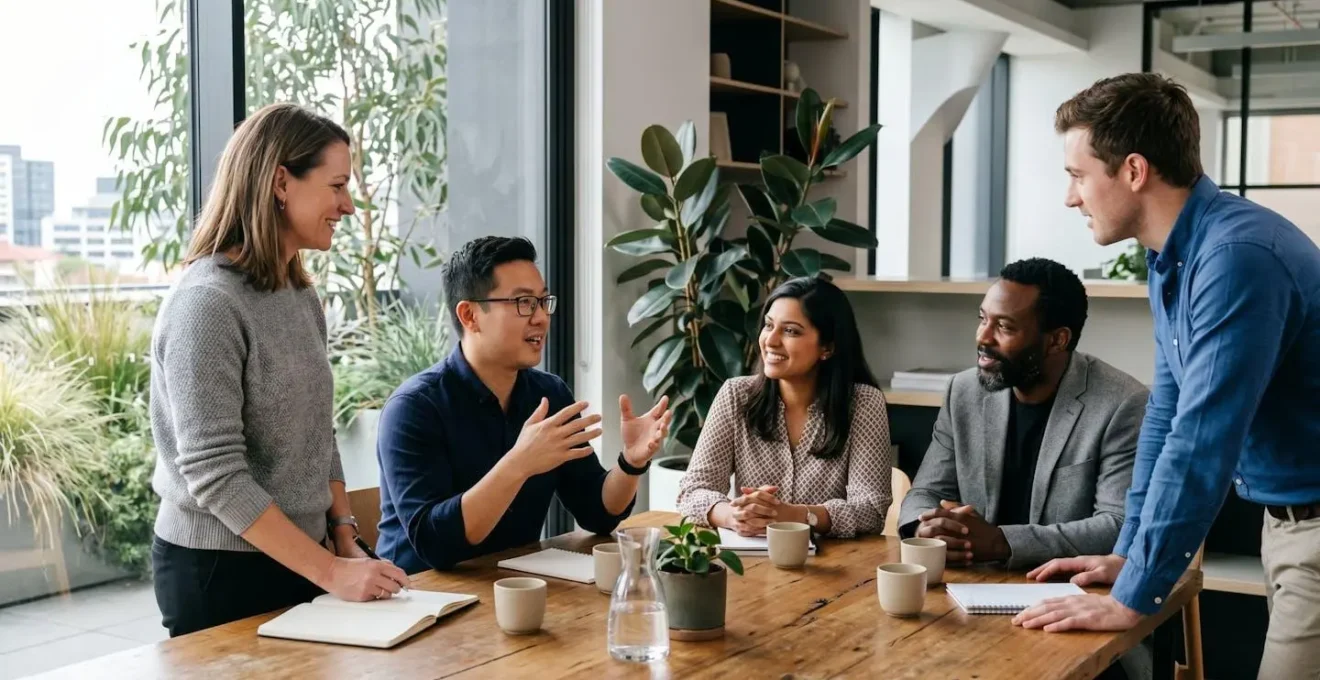 Diverse team in collaborative meeting showcasing Australian egalitarian workplace culture