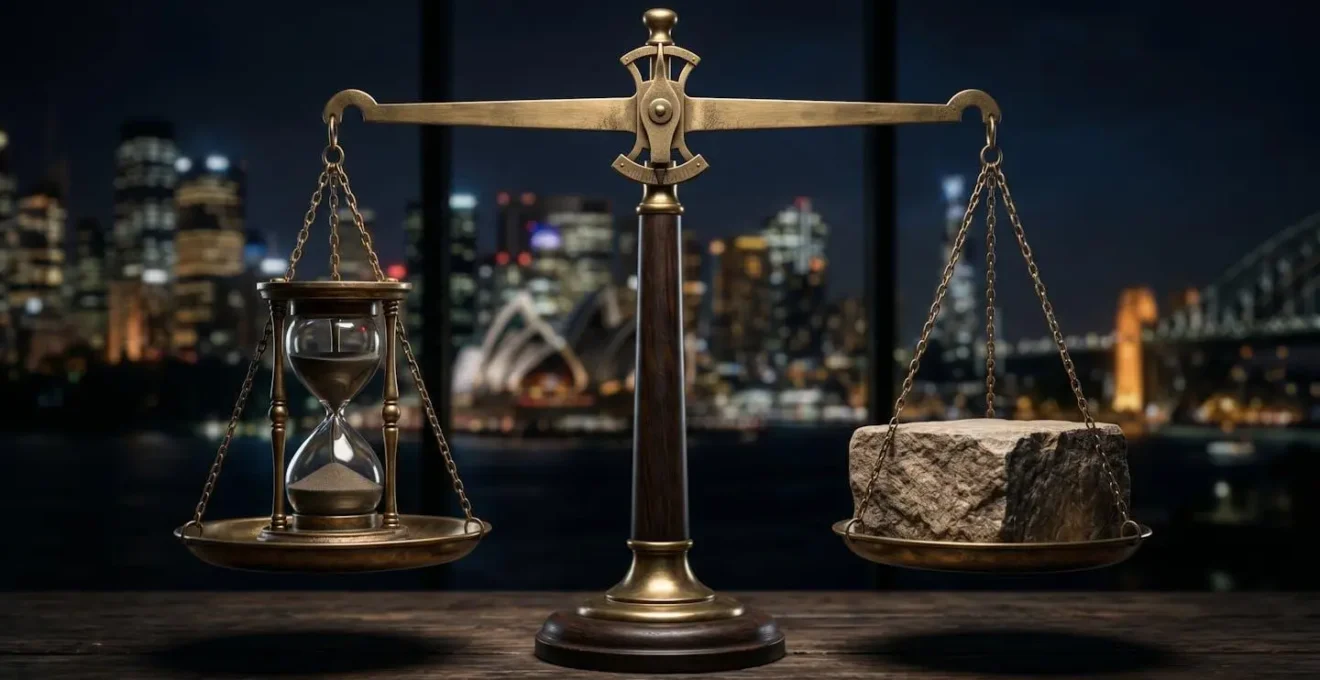 A balanced scale with an hourglass on one side and a solid foundation block on the other, symbolizing the trade-offs between contracting and permanent work.