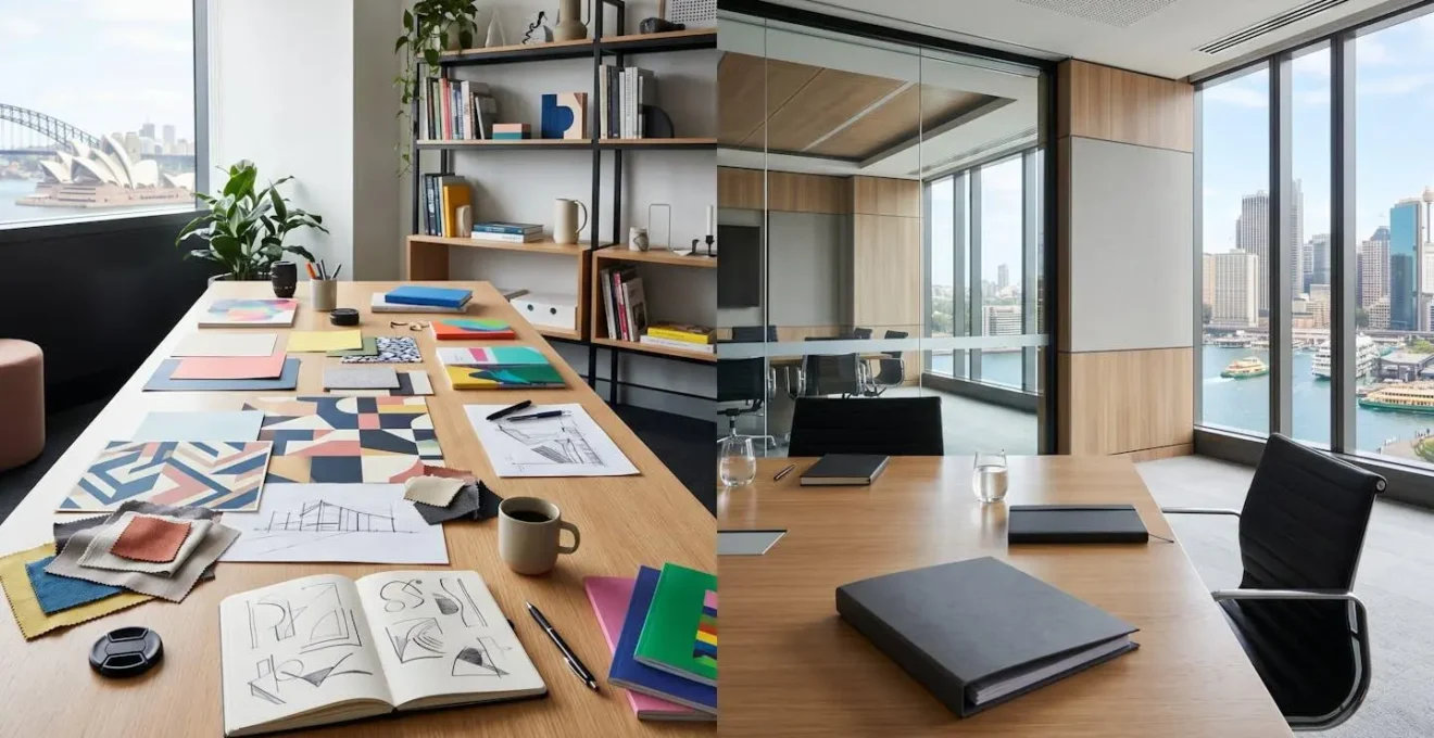 Creative professional presenting portfolio to corporate clients in modern Australian office
