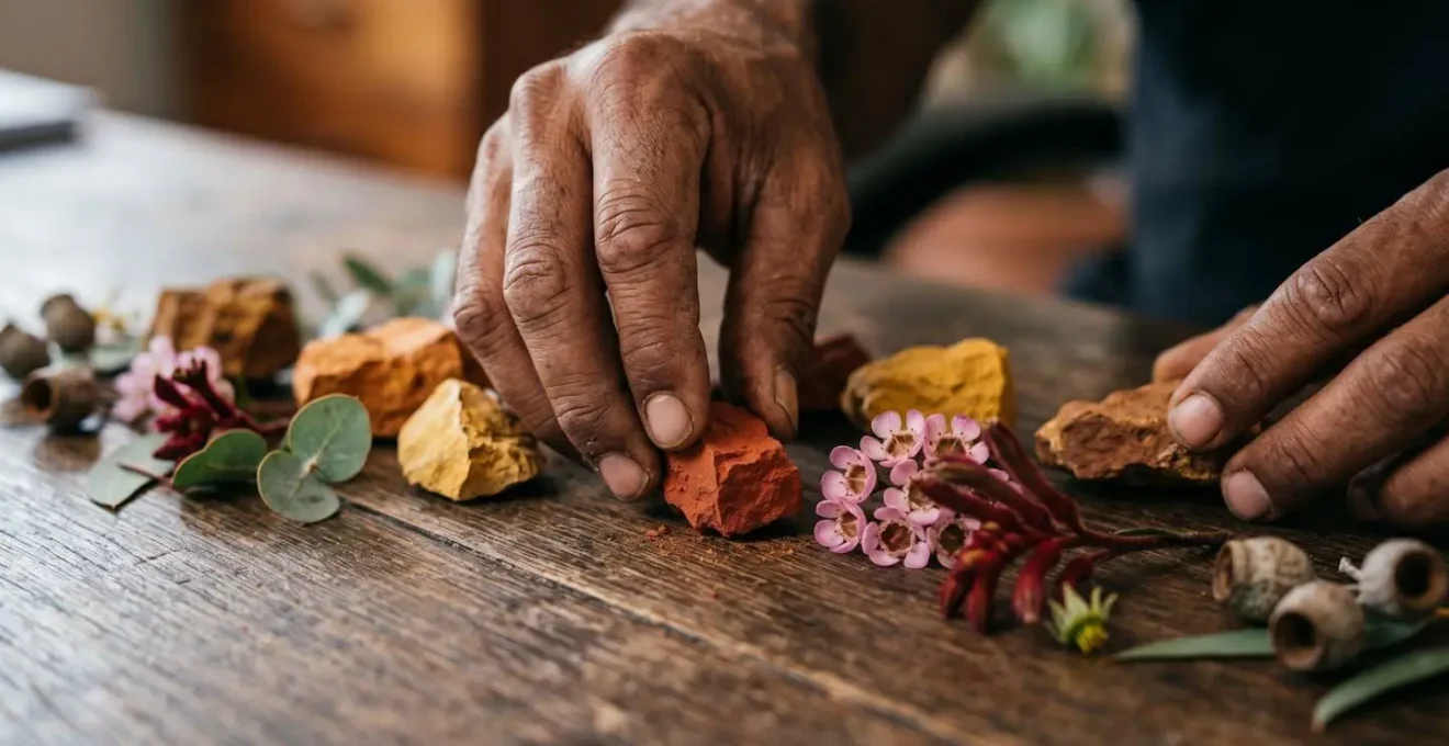 Professional at home office desk preparing for virtual meeting with traditional ochre stones and native flowers.