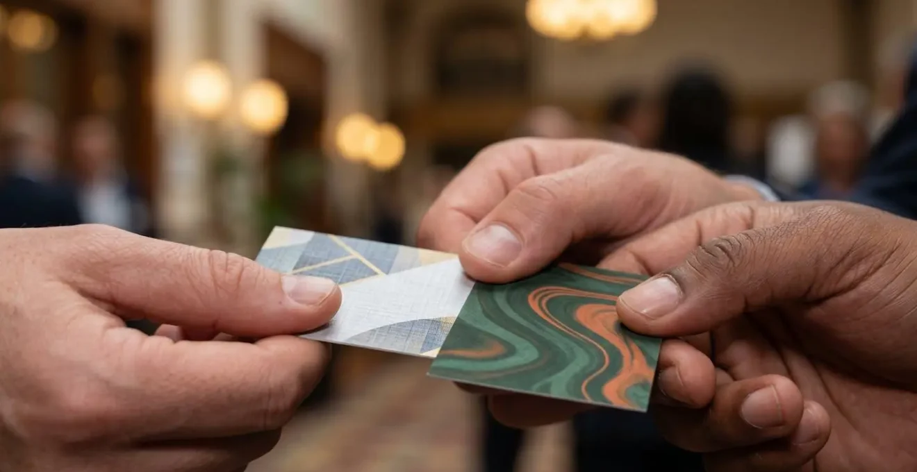 Close-up of diverse hands exchanging business cards at a professional networking event, symbolizing the act of making connections.