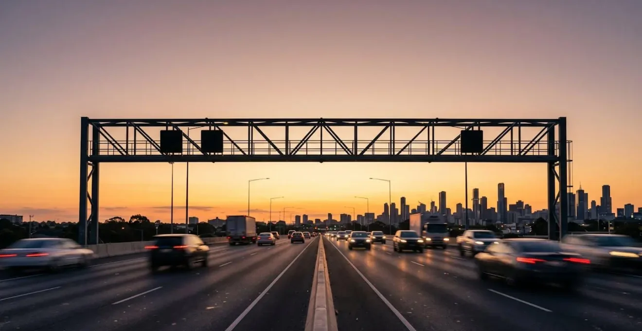 Electronic toll gantry over Australian highway at sunset